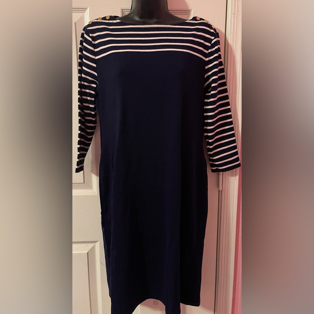 Ralph Lauren Navy with White Stripes and Gold Buttons on the Shoulder Dress XL